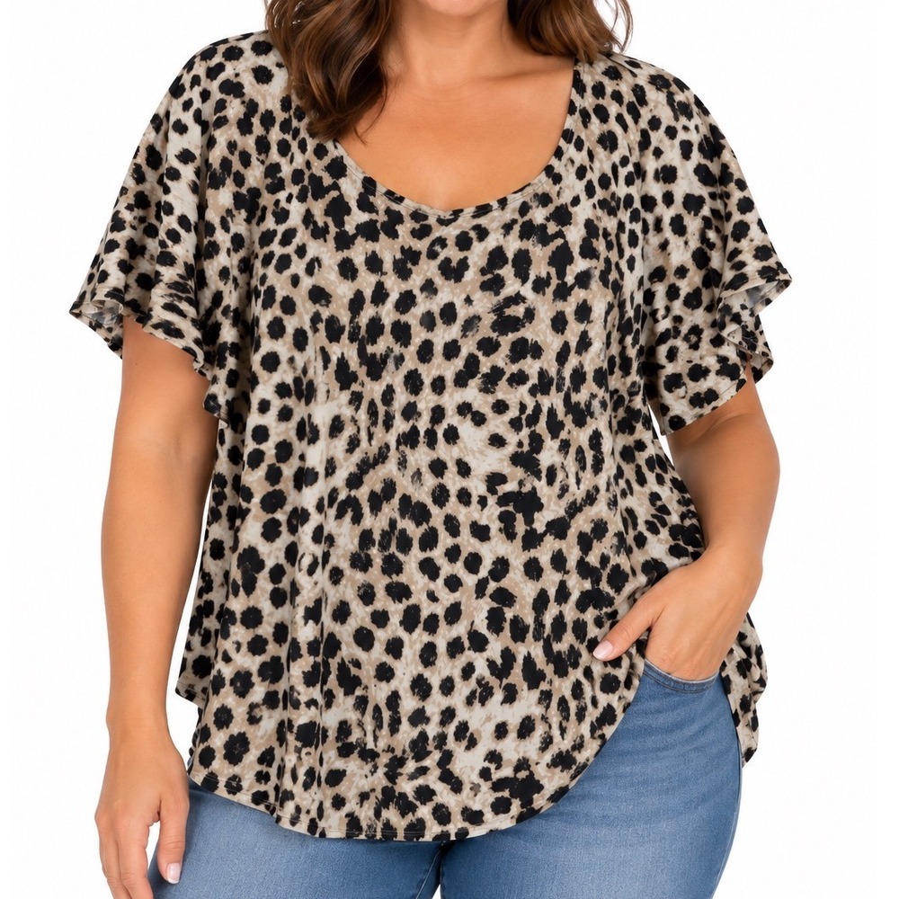 Jules & Leopold Women 3X Leopard Print Flutter Sleeve Scoop Neck Blouse Top NEW